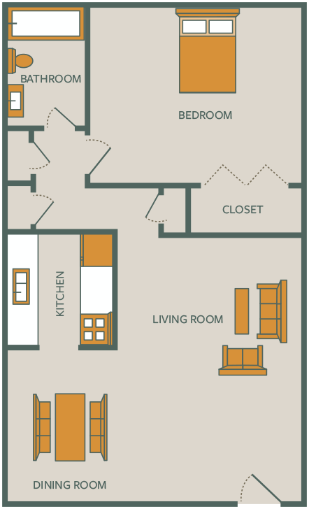 Floor plan for 1 bed, 1 bath, 565 sqft